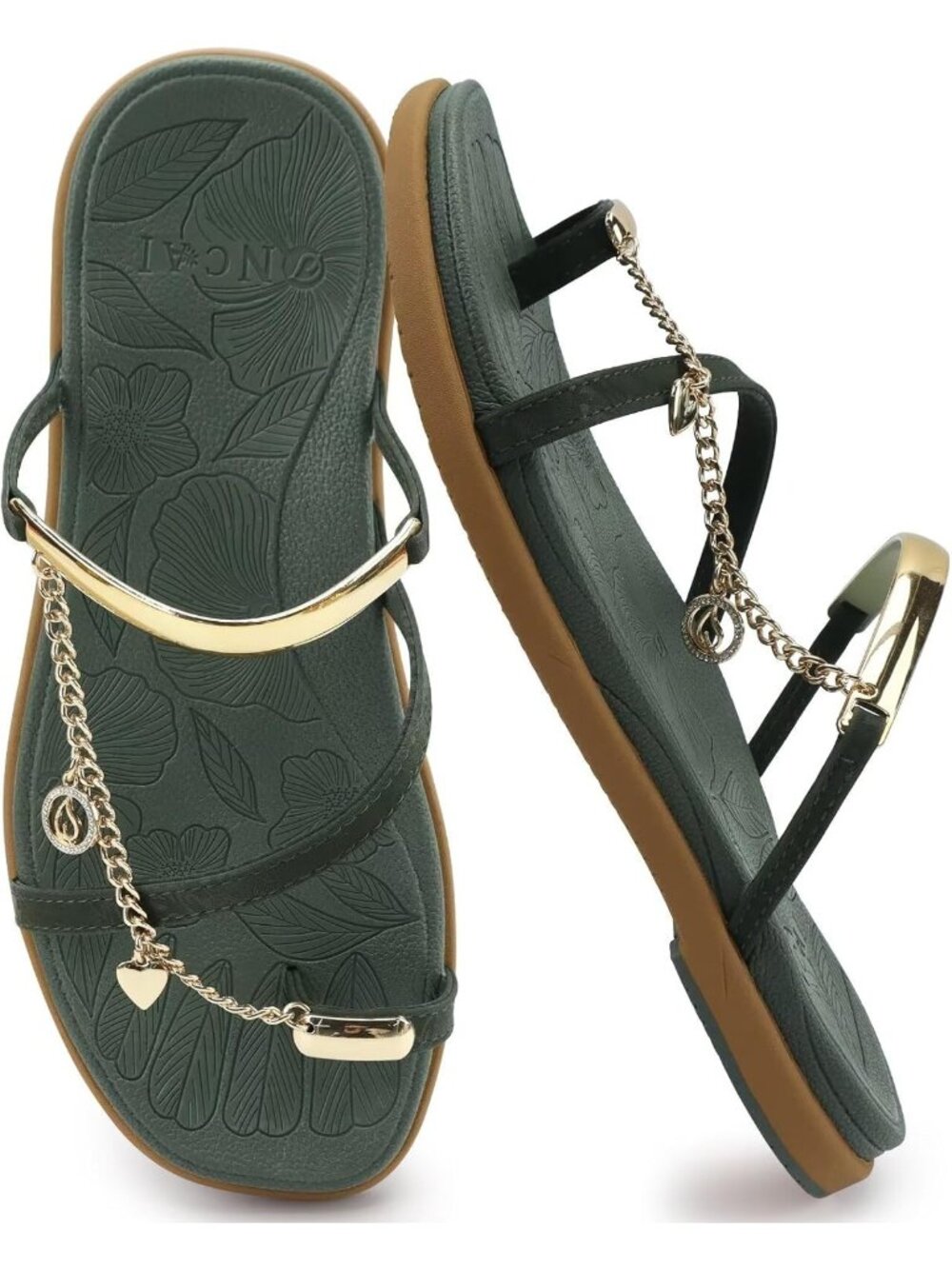 Women's Green Khaki Flat Slides Sandals Toe loop Strappy Square Open Toe Fashion